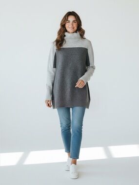 FORTE CASHMERE Women's Size Medium 100% Cashmere Grey Sweater Colorblock FLAWED